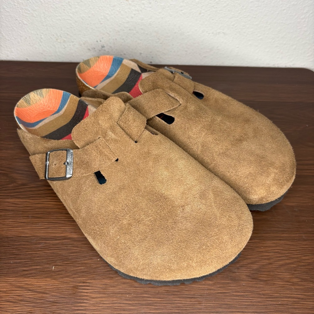 Womens Birkenstock Boston Brown Leather Printed Clogs Shoe Size EU 40 US 9